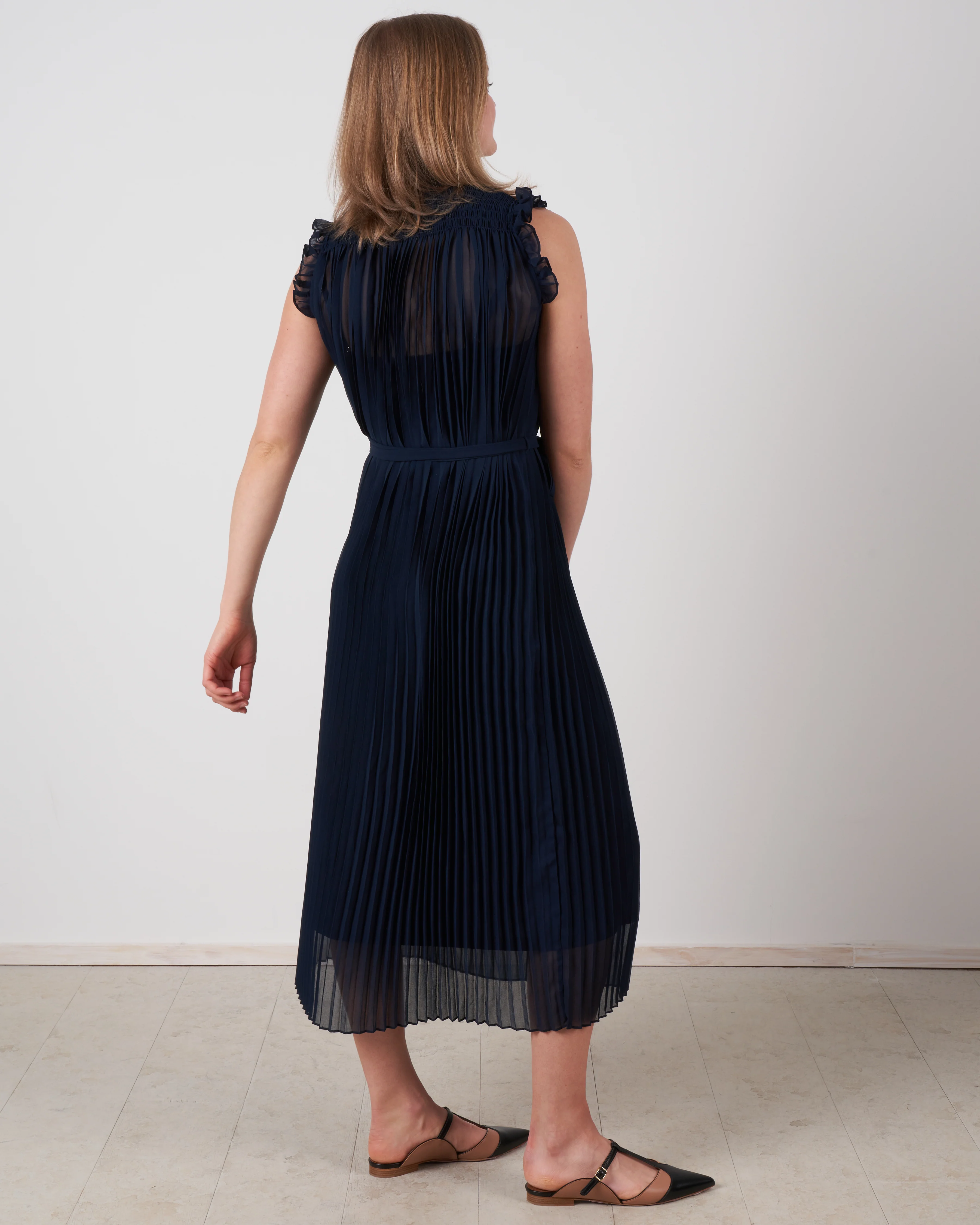 shirred pleat swing midi - navy - Image 4