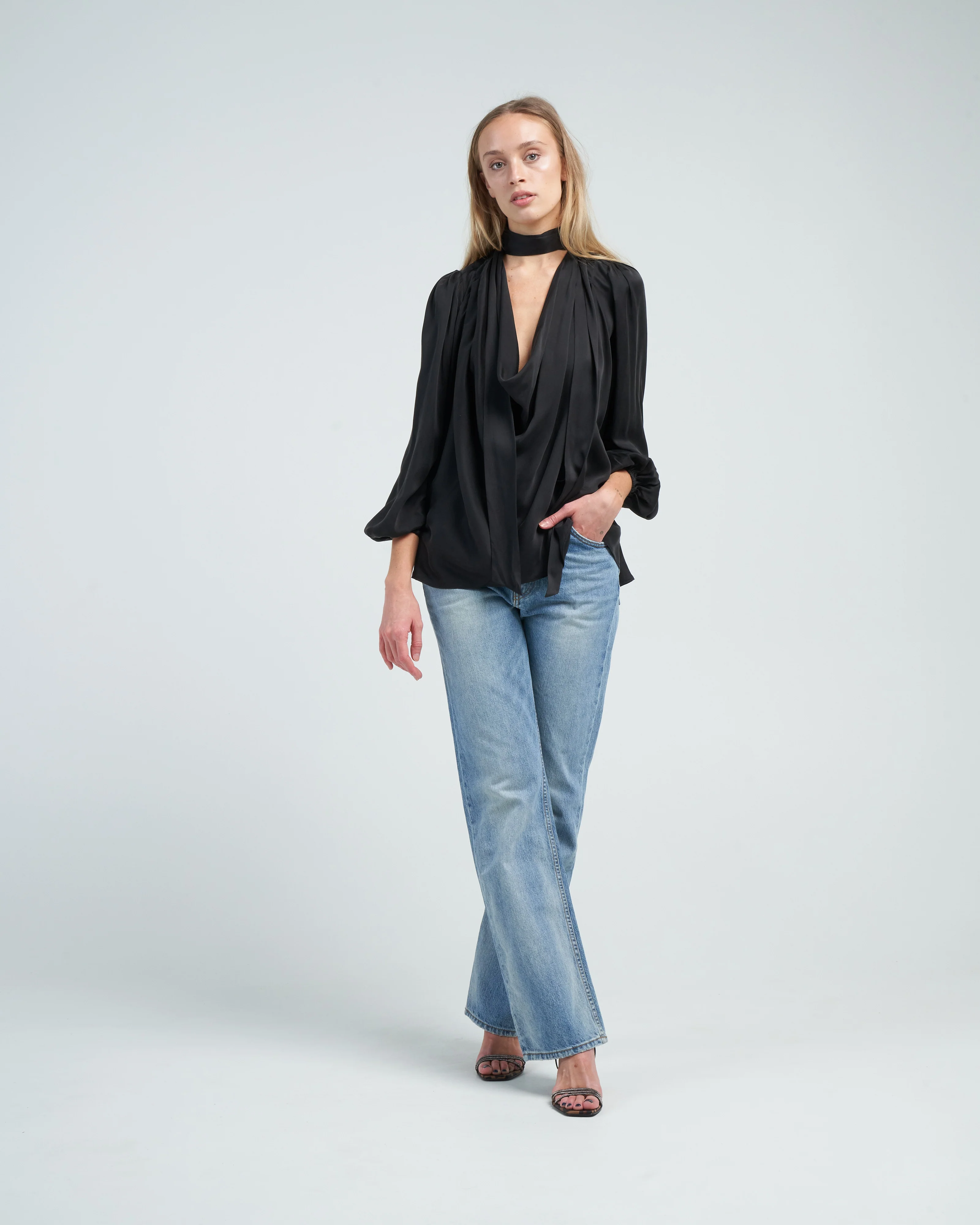silk billow blouse - black - Image 2