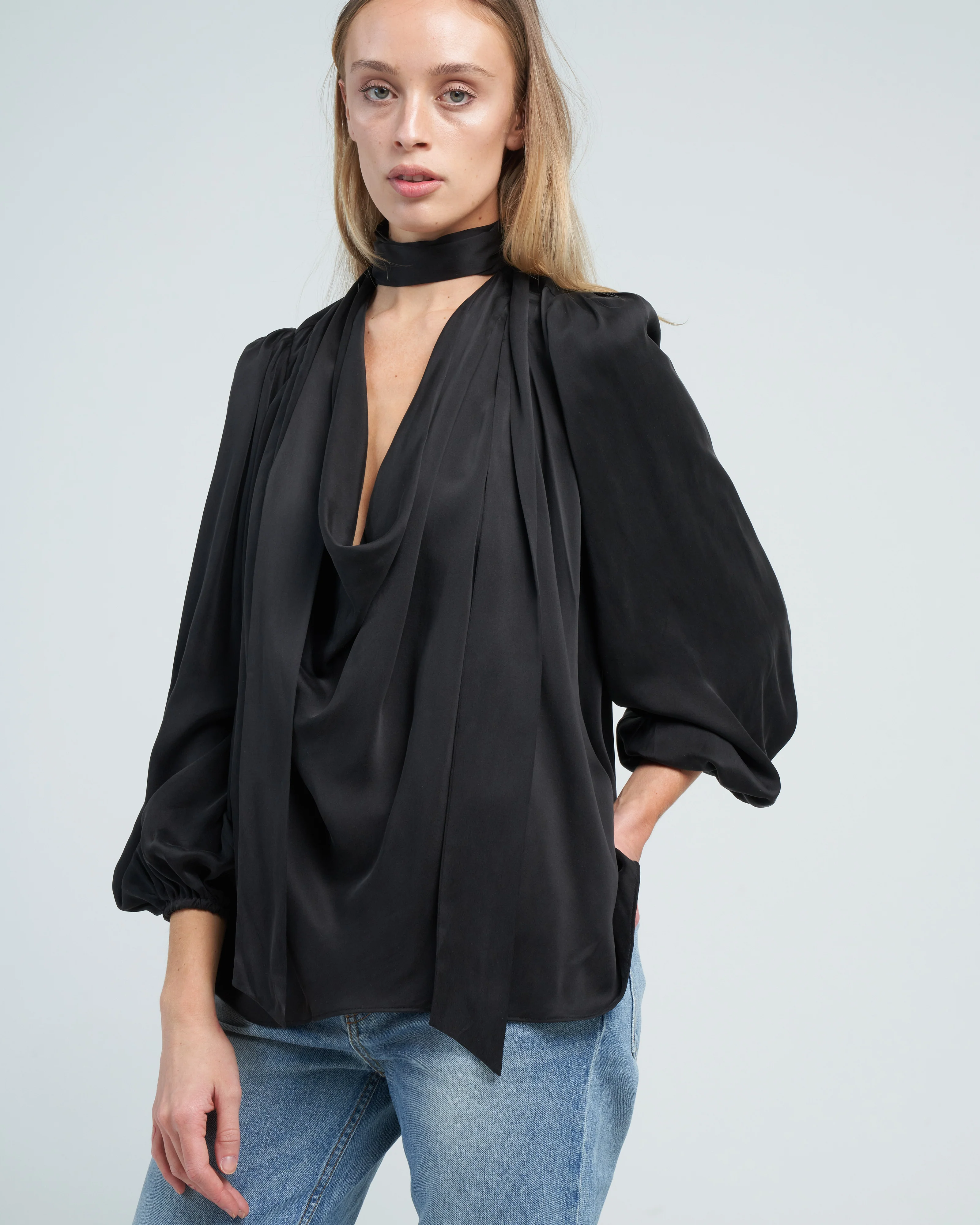 silk billow blouse - black - Image 5