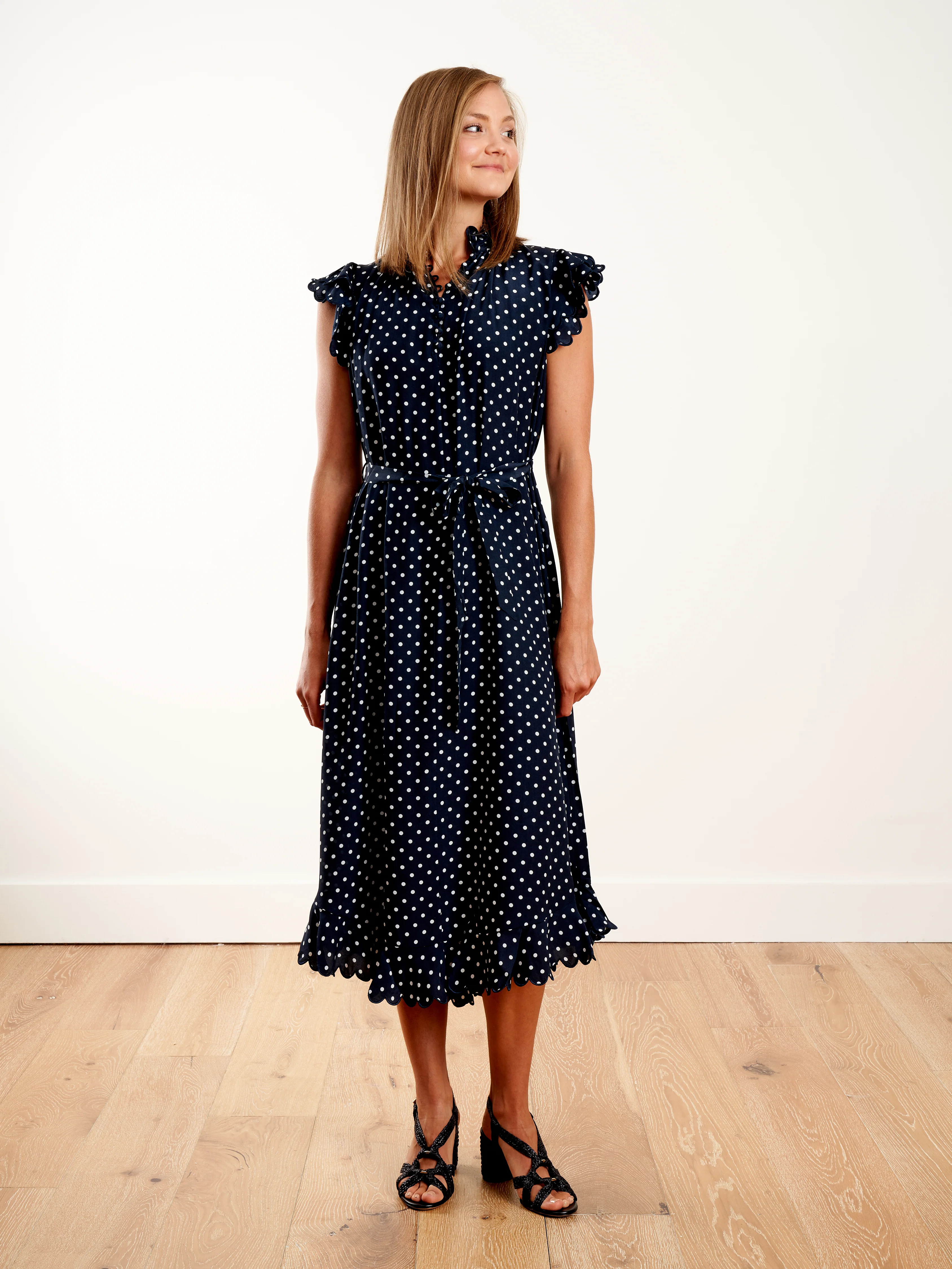 silk scallop sleeveless midi - navy/pearl dot - Image 2