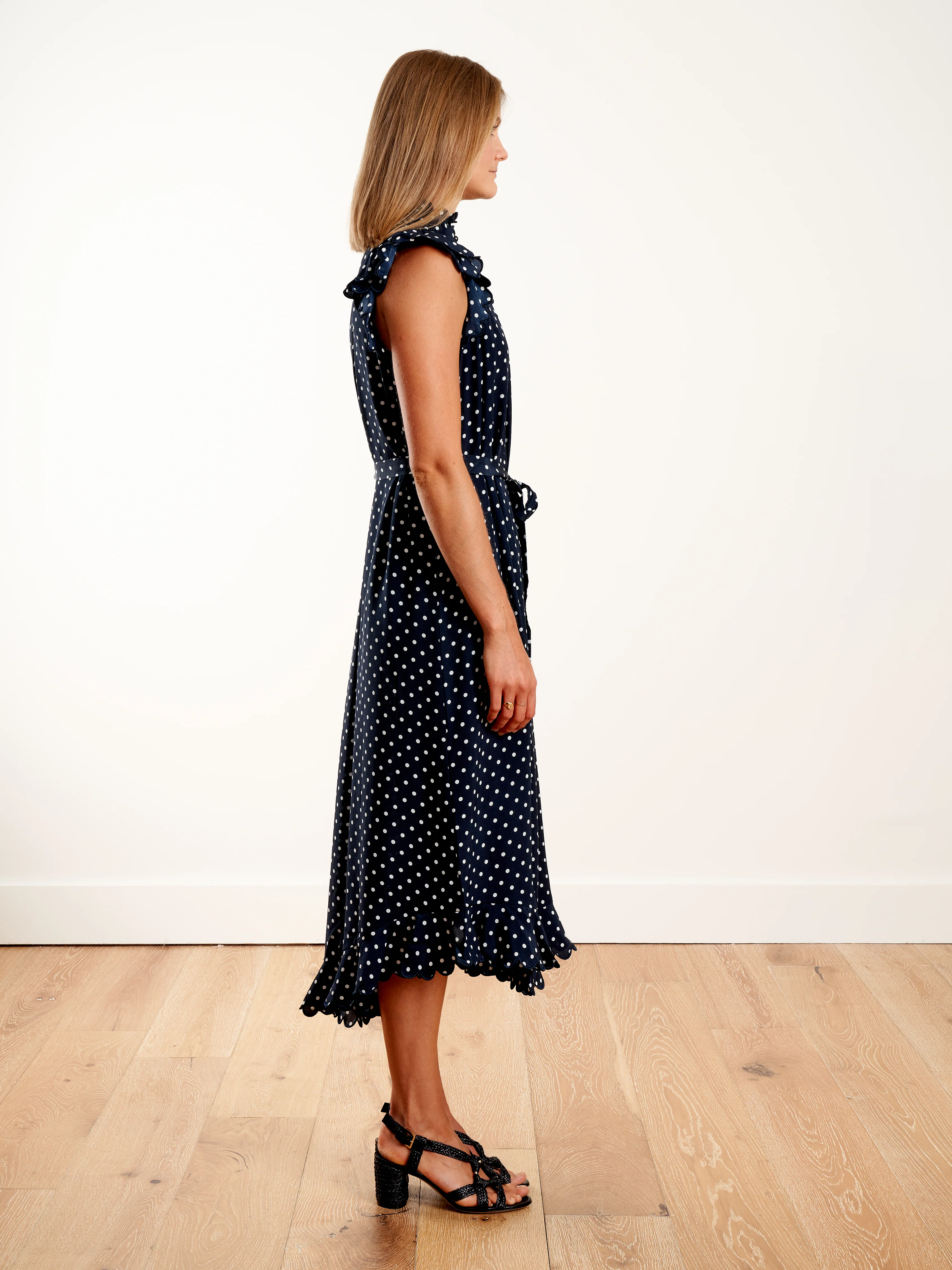 silk scallop sleeveless midi - navy/pearl dot - Image 3