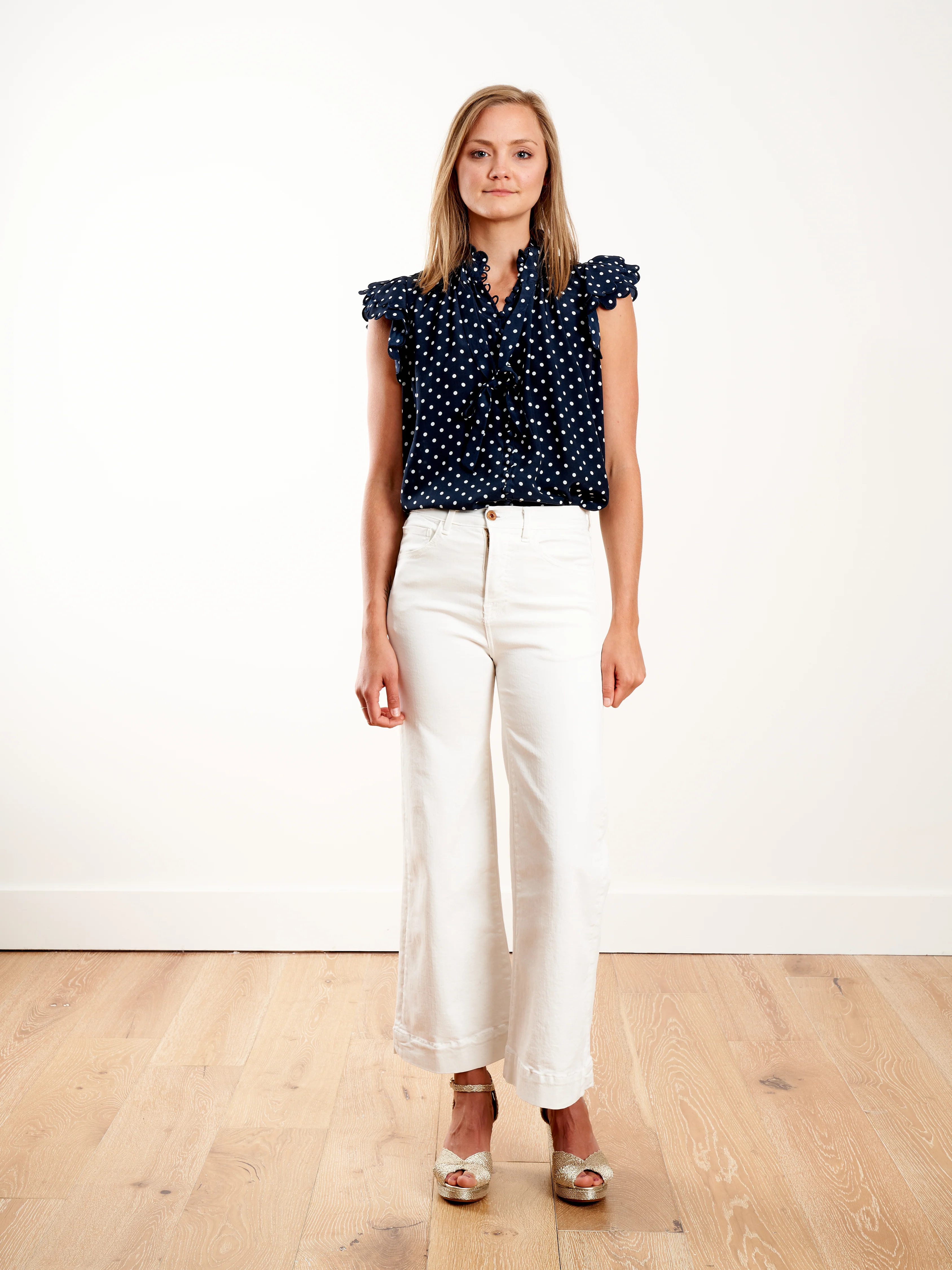 silk scallop sleeveless top - navy/pearl dot - Image 2