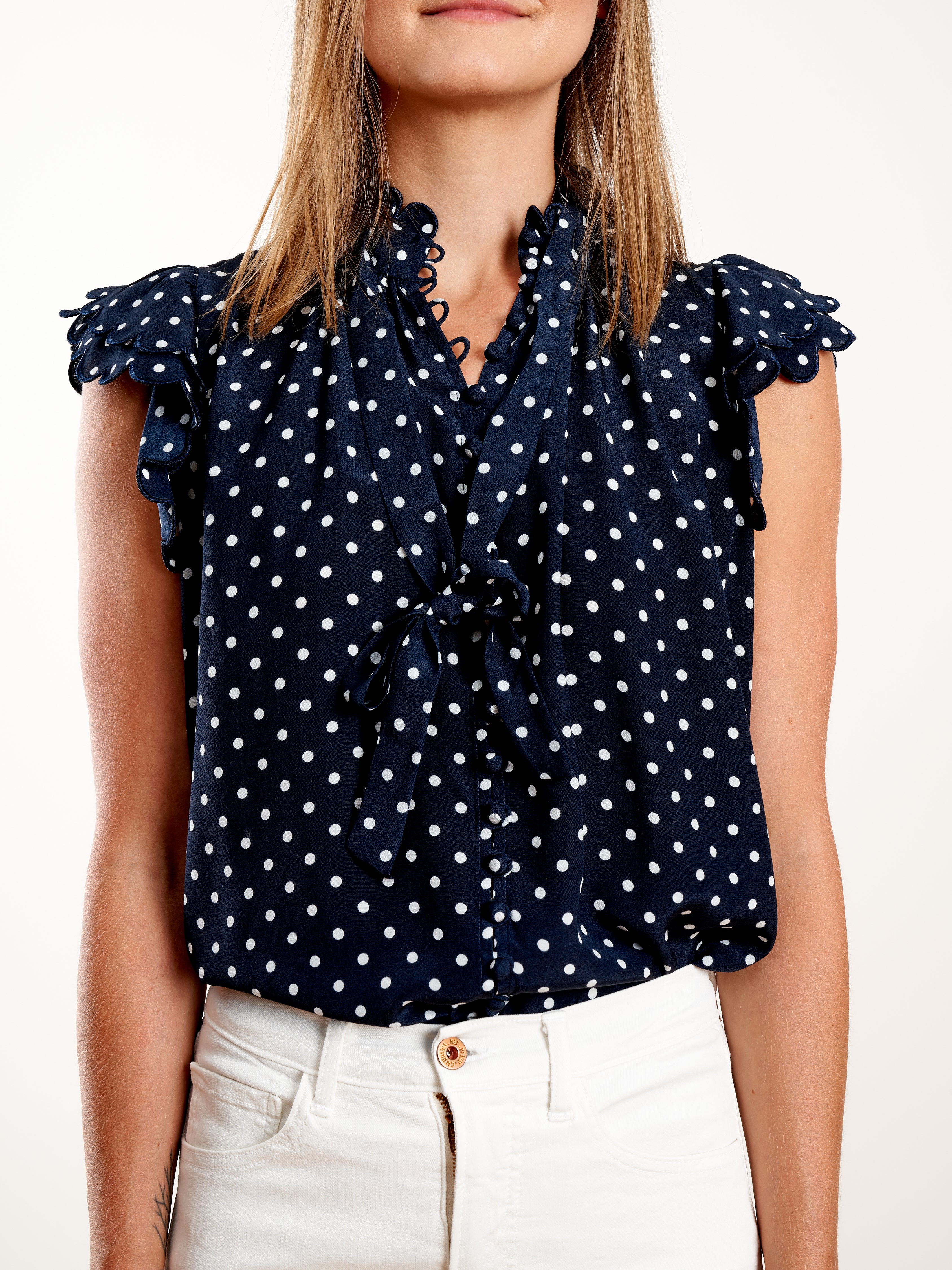 silk scallop sleeveless top - navy/pearl dot - Image 3