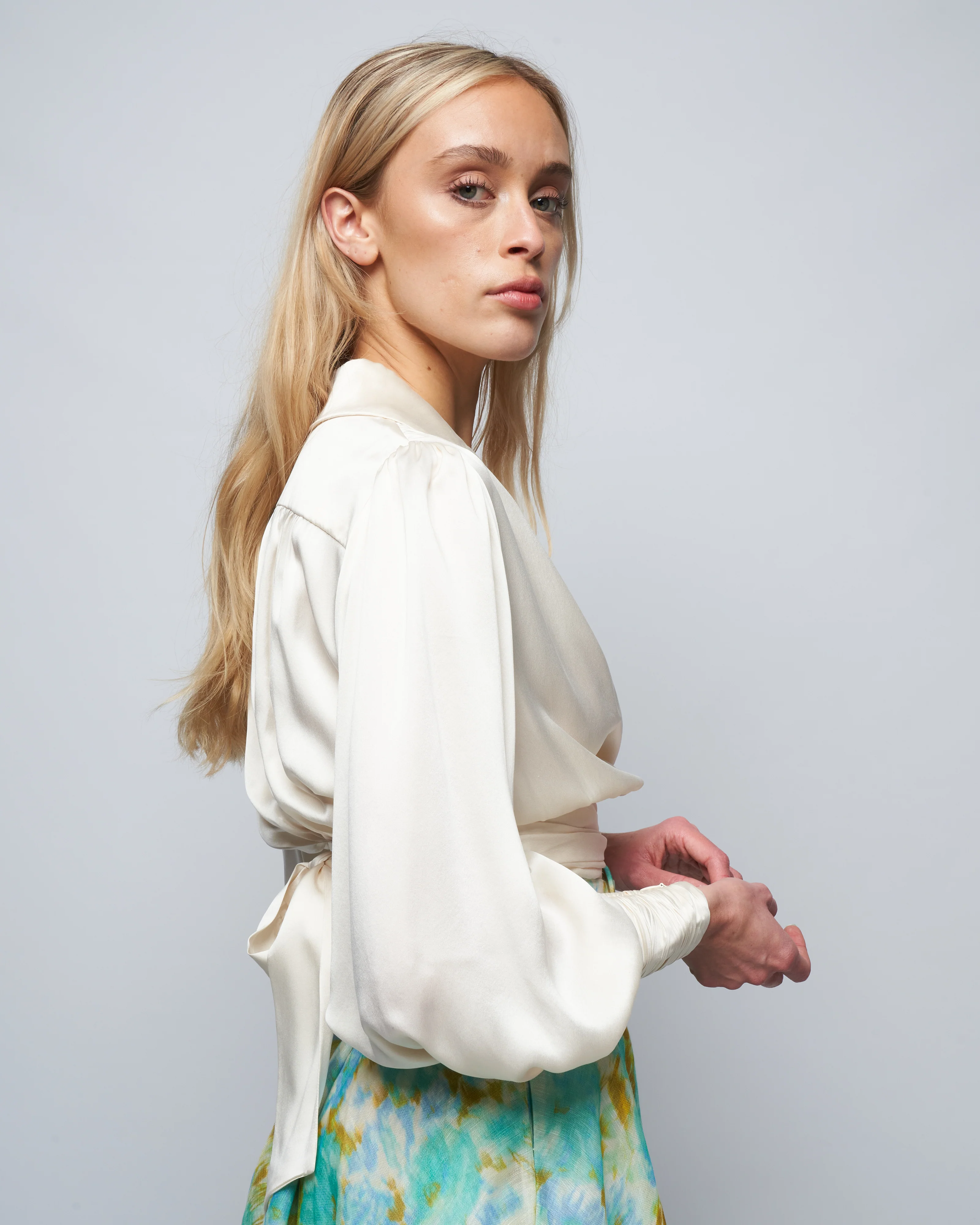 silk wrap blouse - cream - Image 3