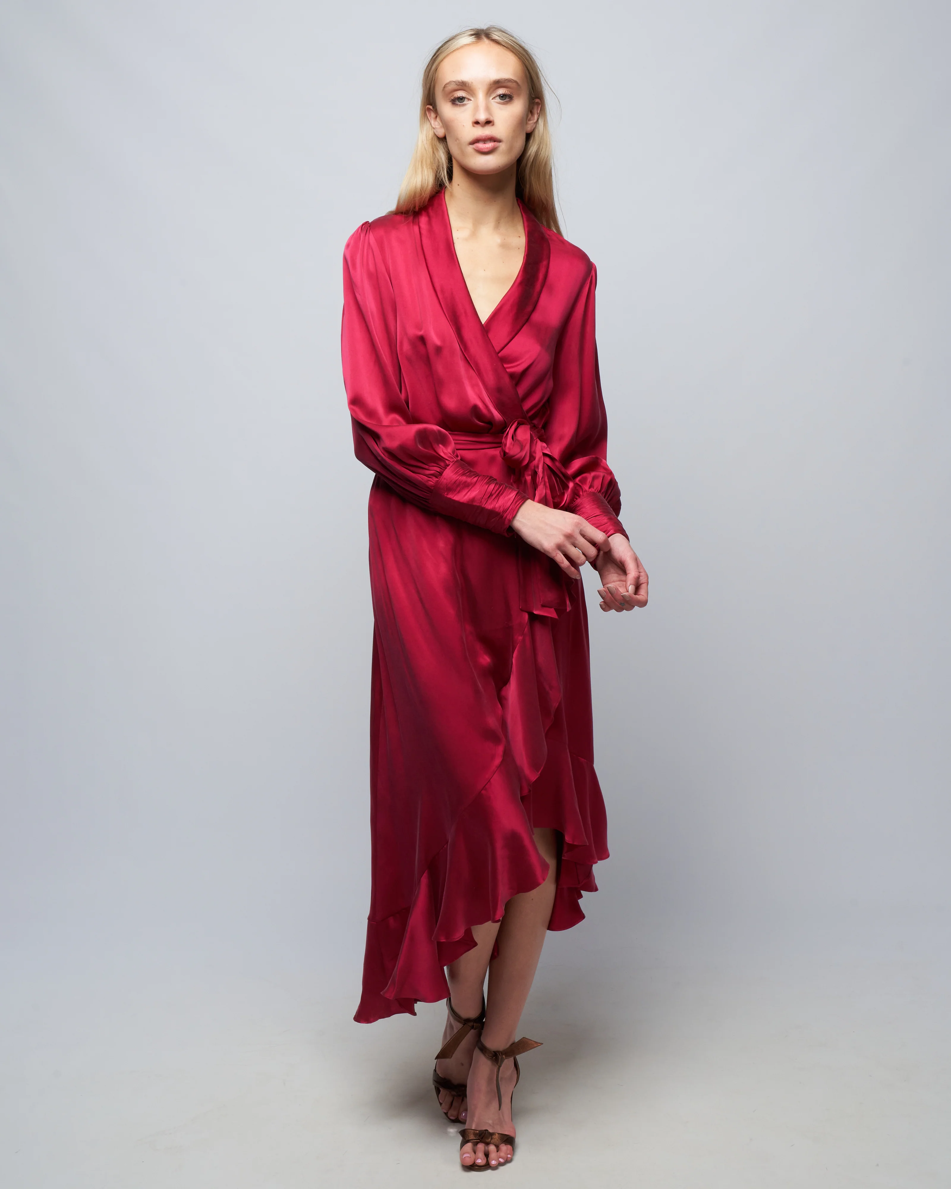 silk wrap midi dress - berry - Image 2