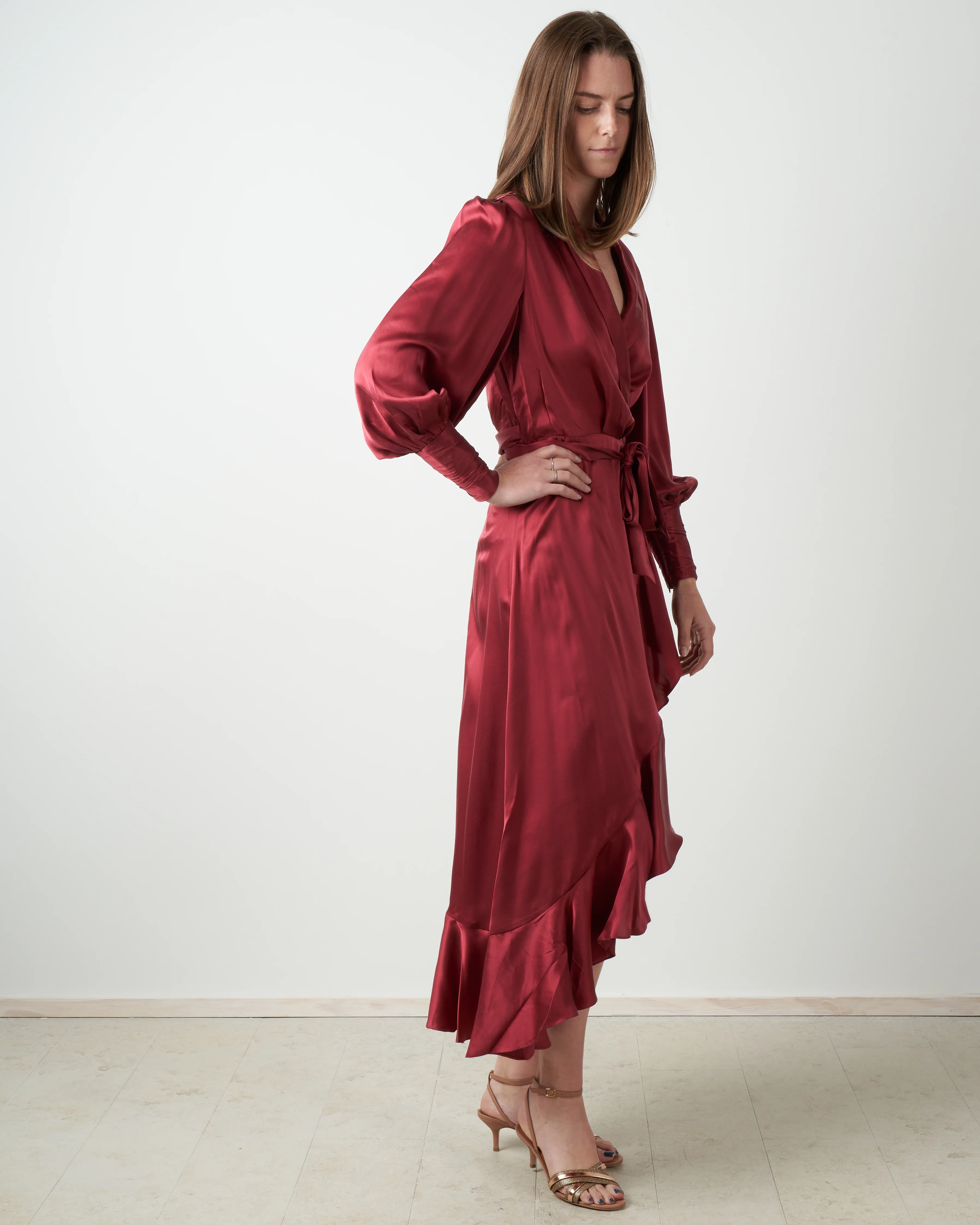 silk wrap midi dress - burgundy - Image 2