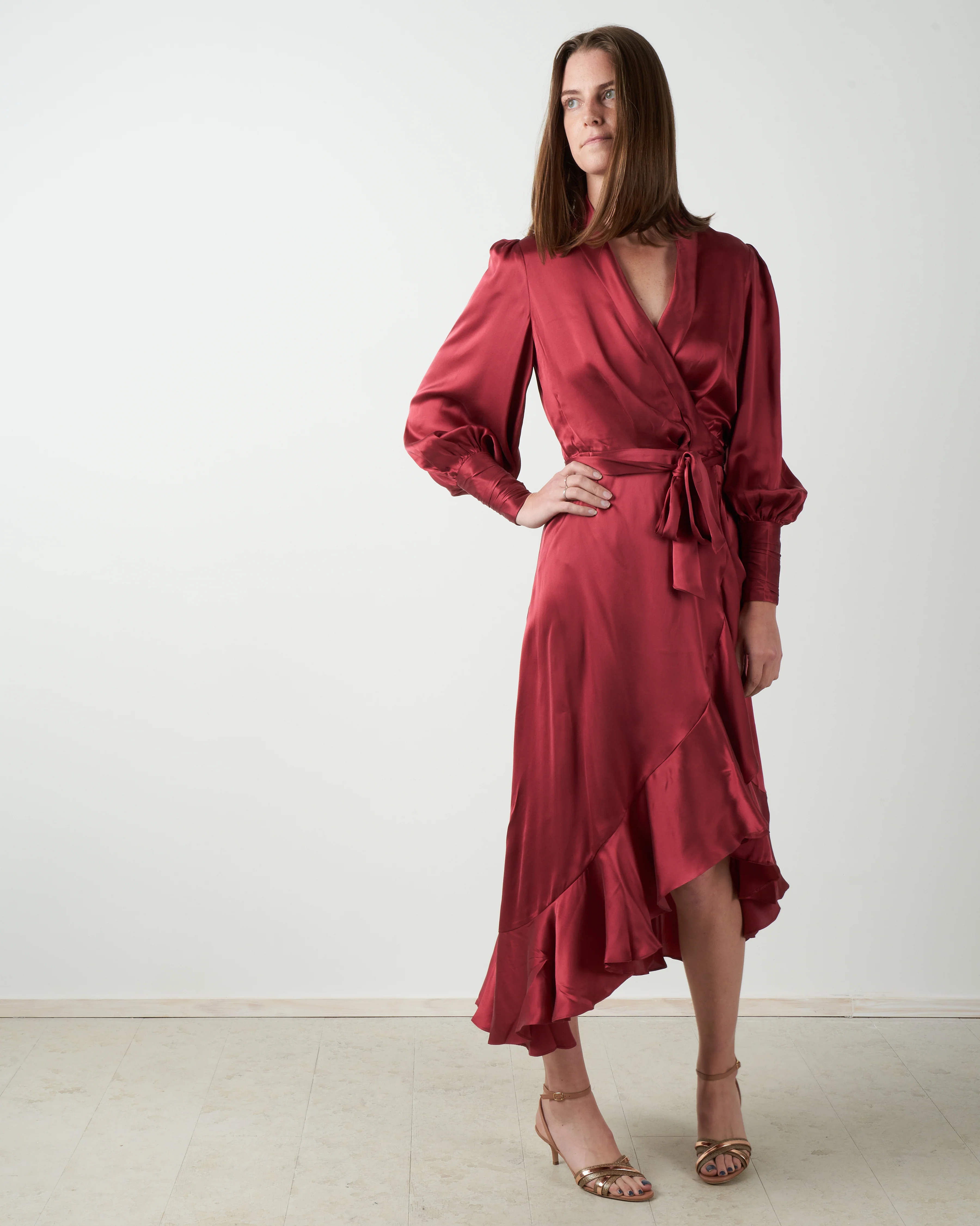 silk wrap midi dress - burgundy - Image 3