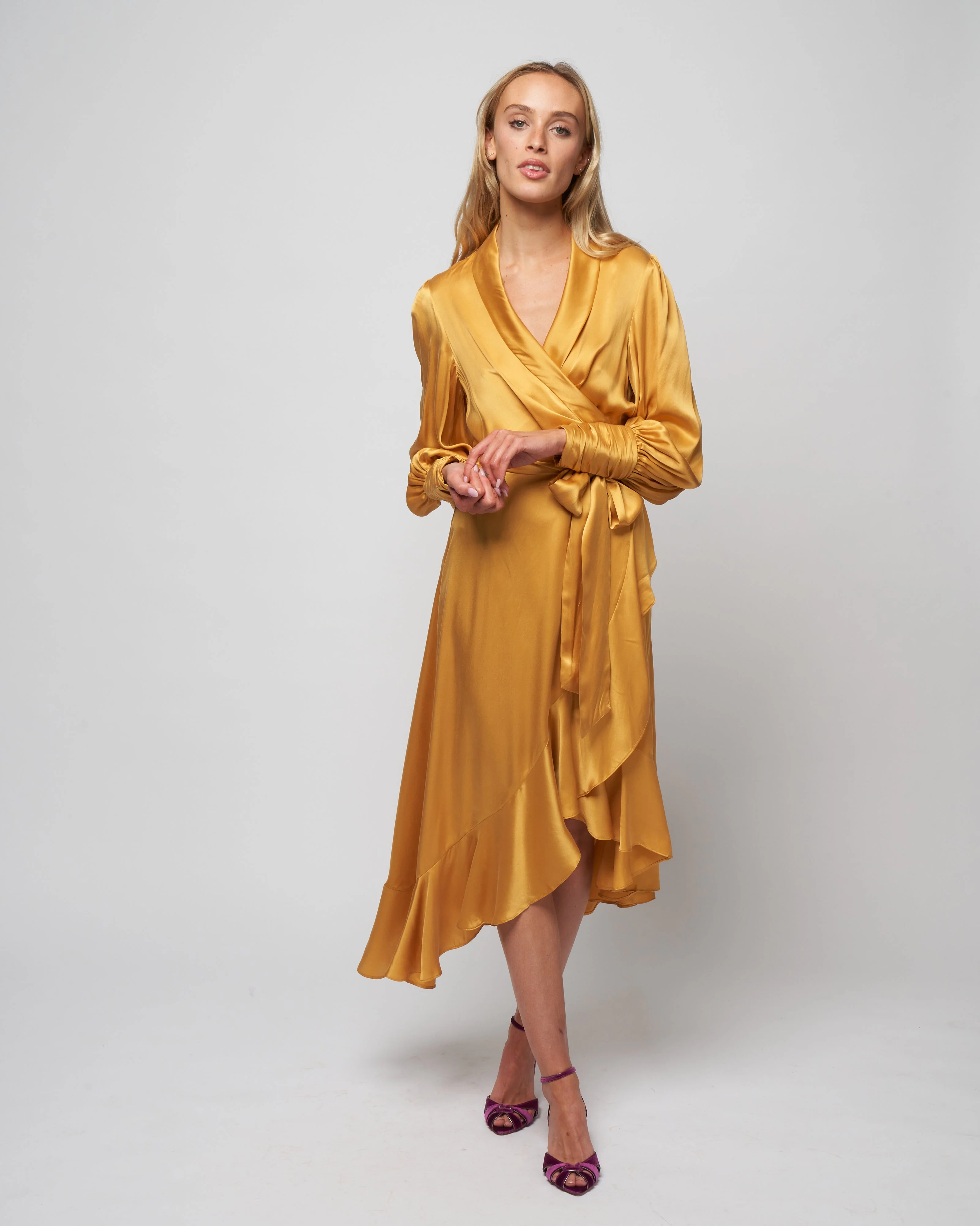 silk wrap midi dress - gold - Image 2