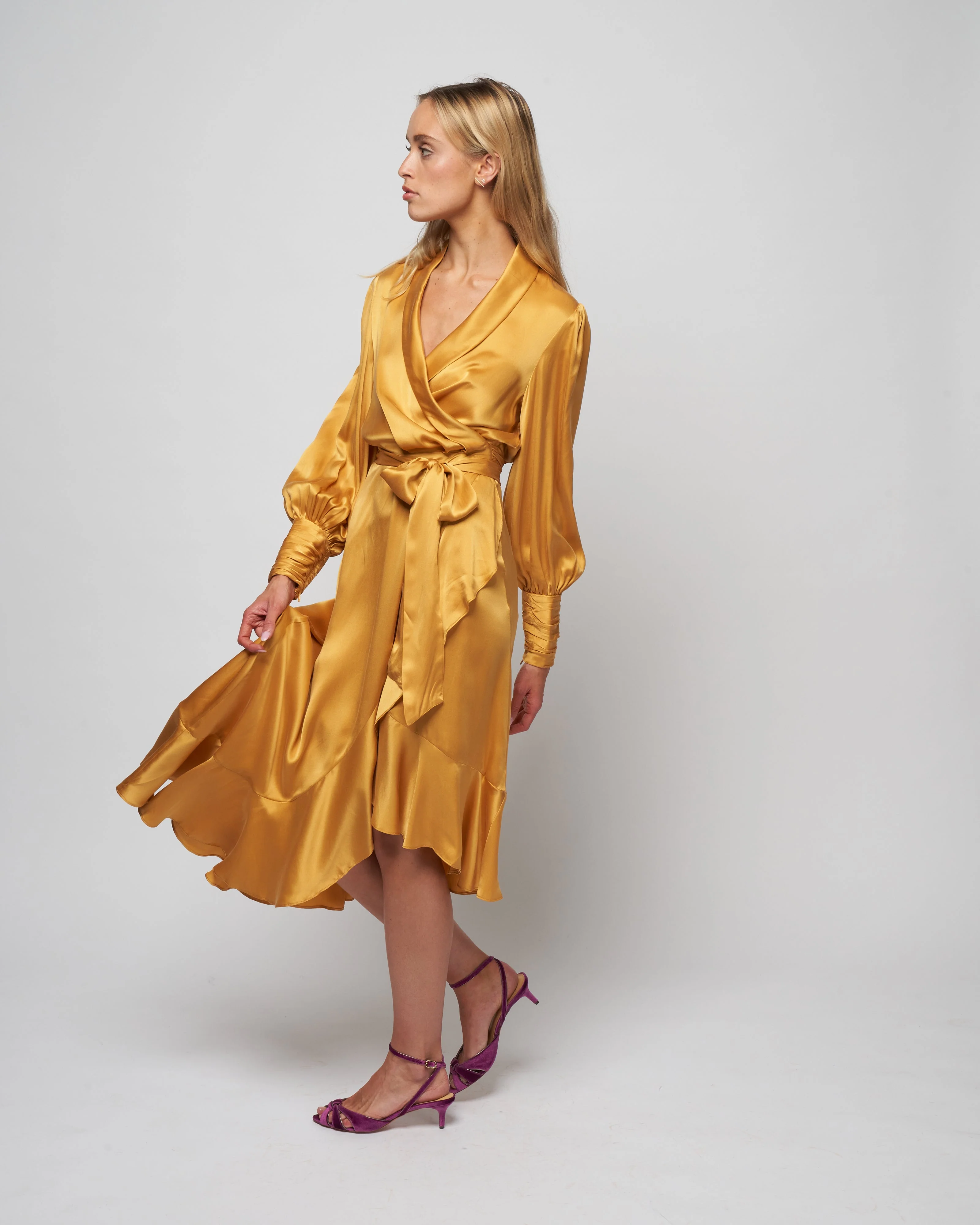 silk wrap midi dress - gold - Image 3
