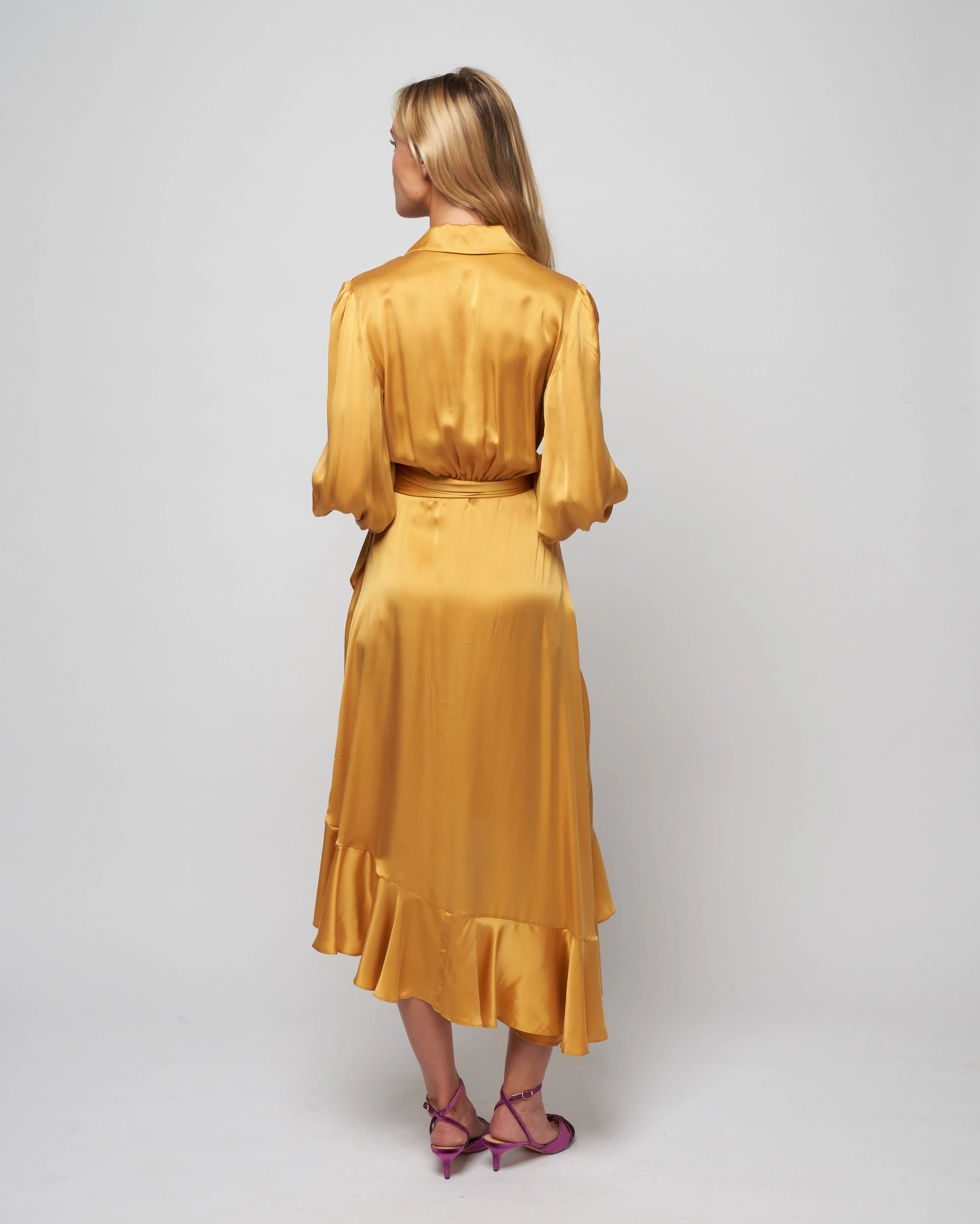 silk wrap midi dress - gold - Image 4