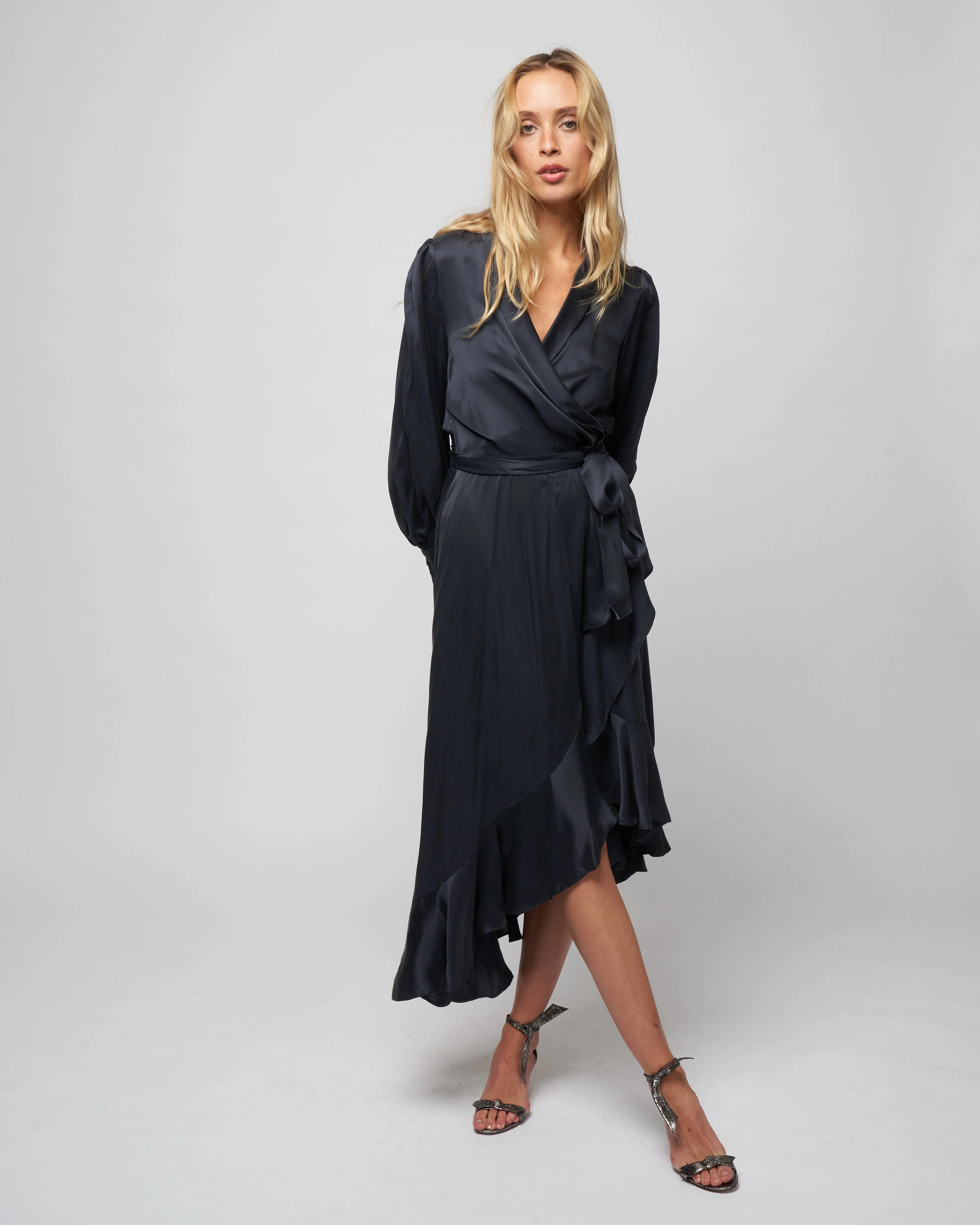 silk wrap midi dress - navy - Image 2