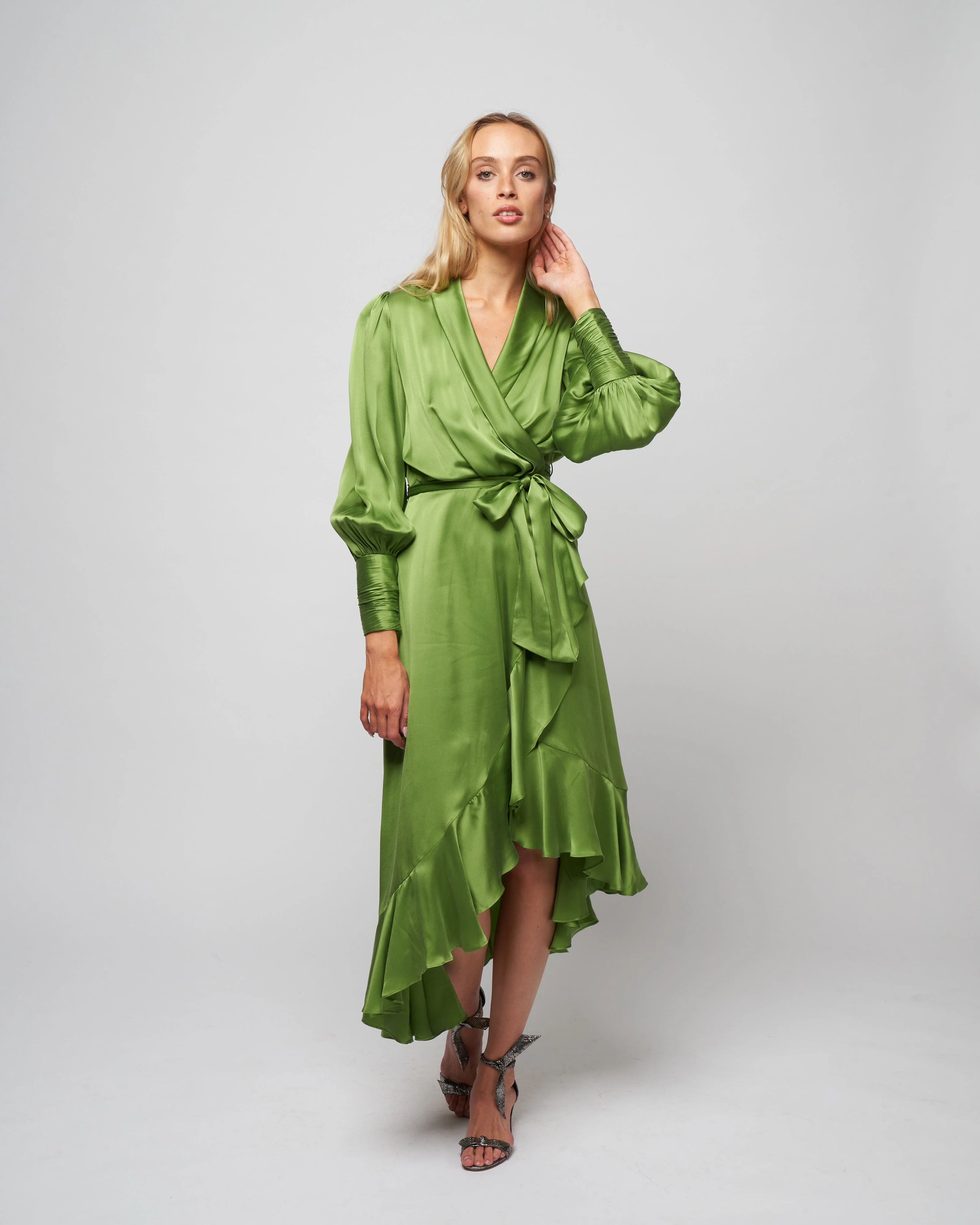 silk wrap midi dress - olive - Image 2