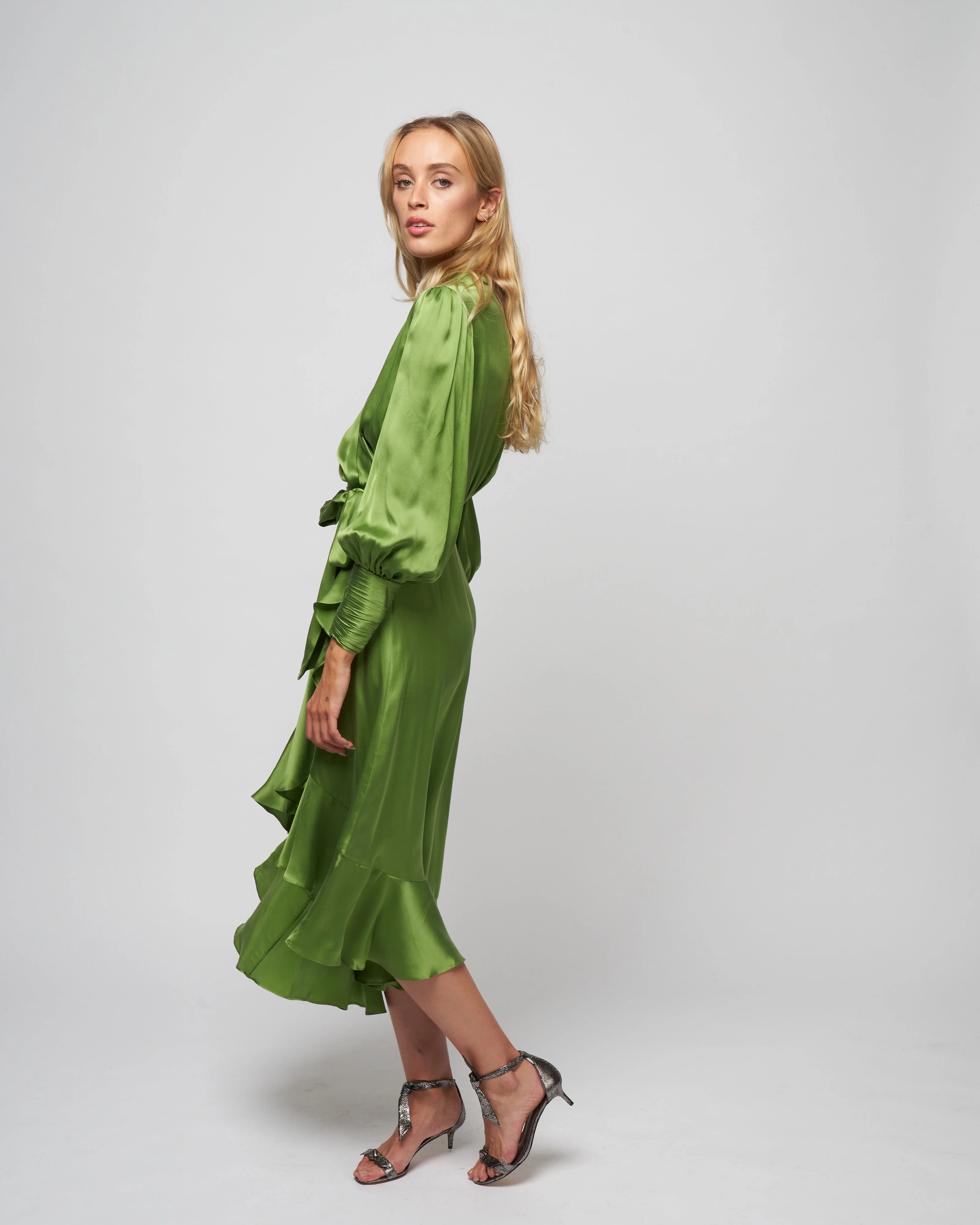 silk wrap midi dress - olive - Image 3