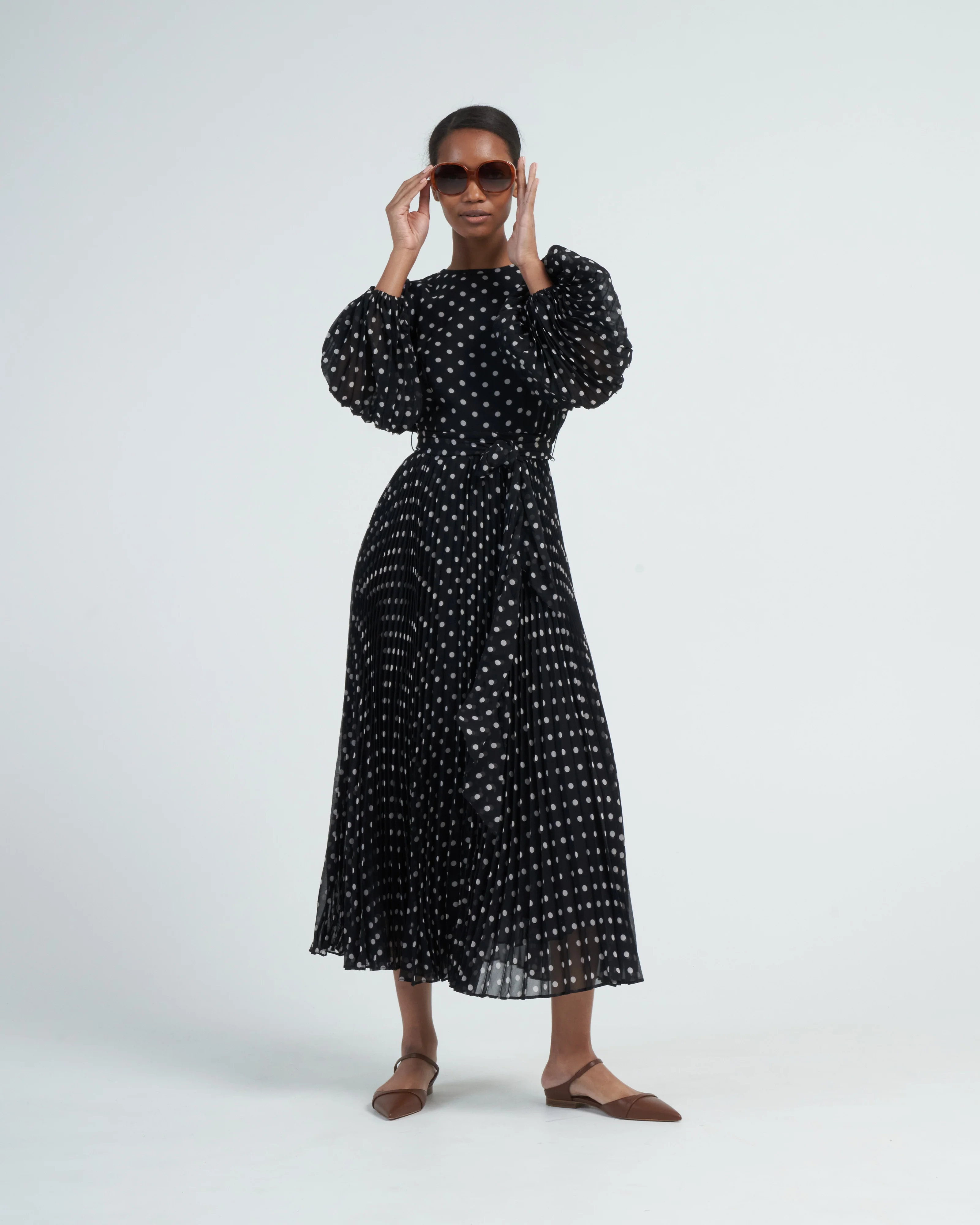 sunray long sleeve midi - black/cream dot