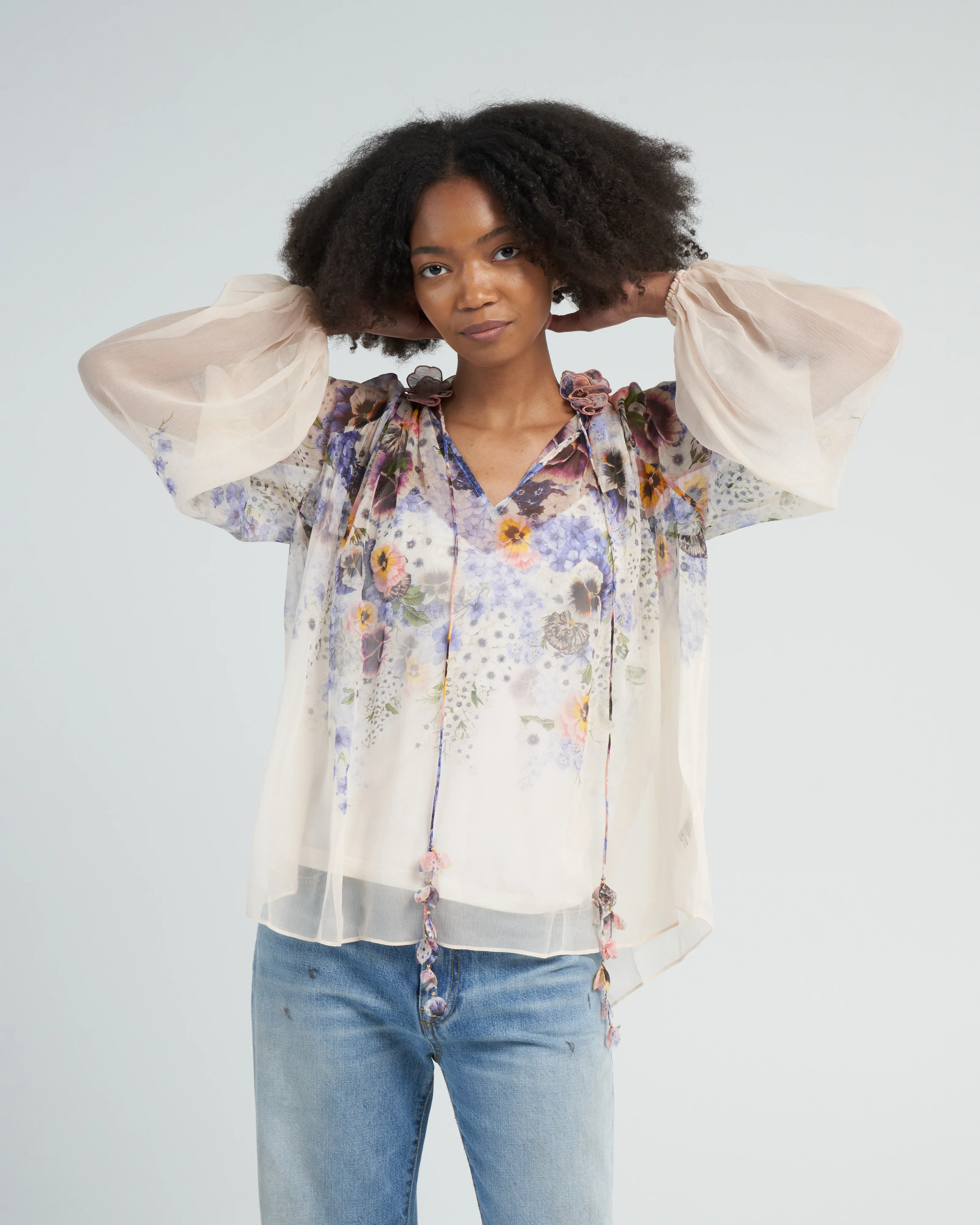 tama flower collar blouse - purple pansy print - Image 3