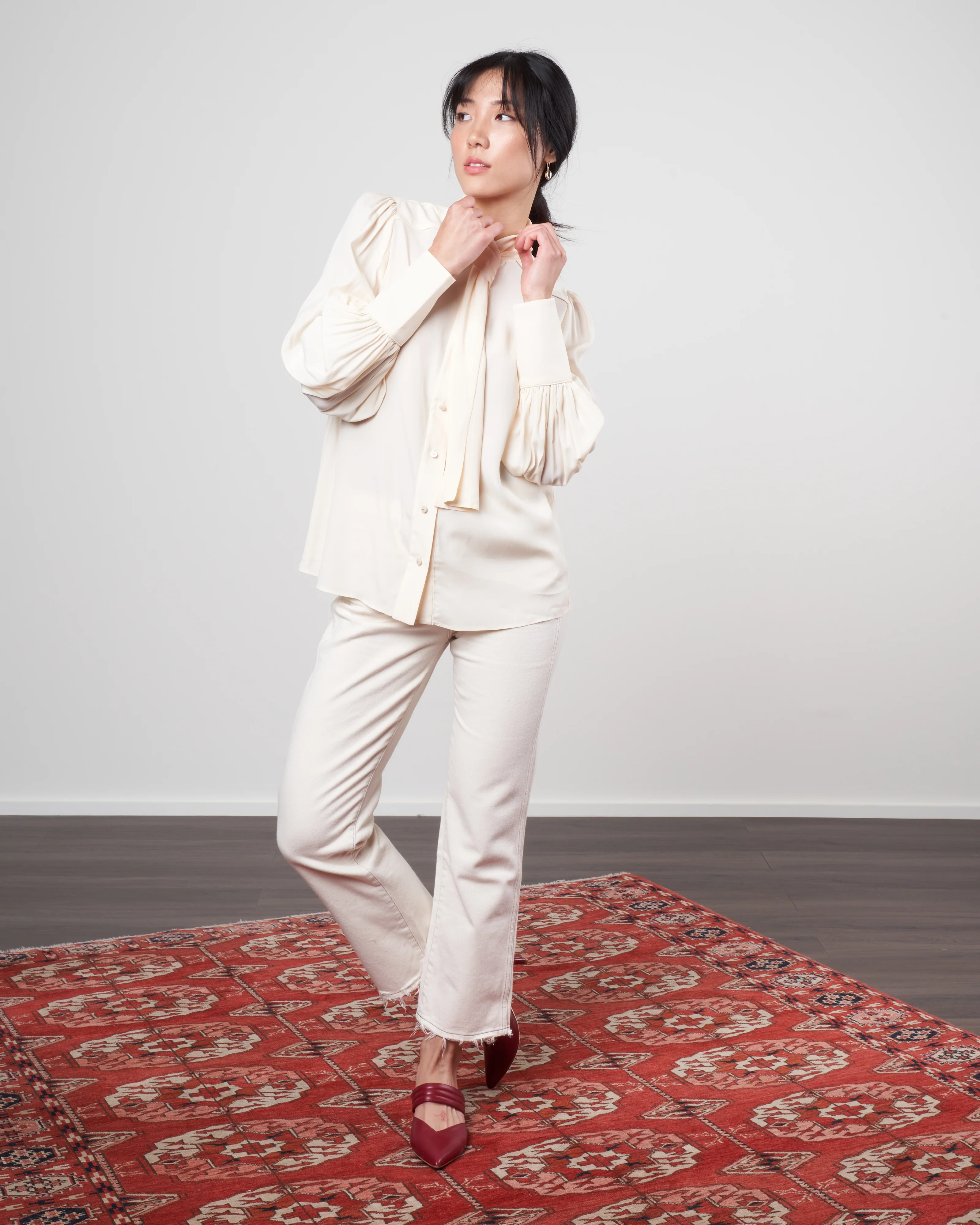 tie neck blouse - cream - Image 2