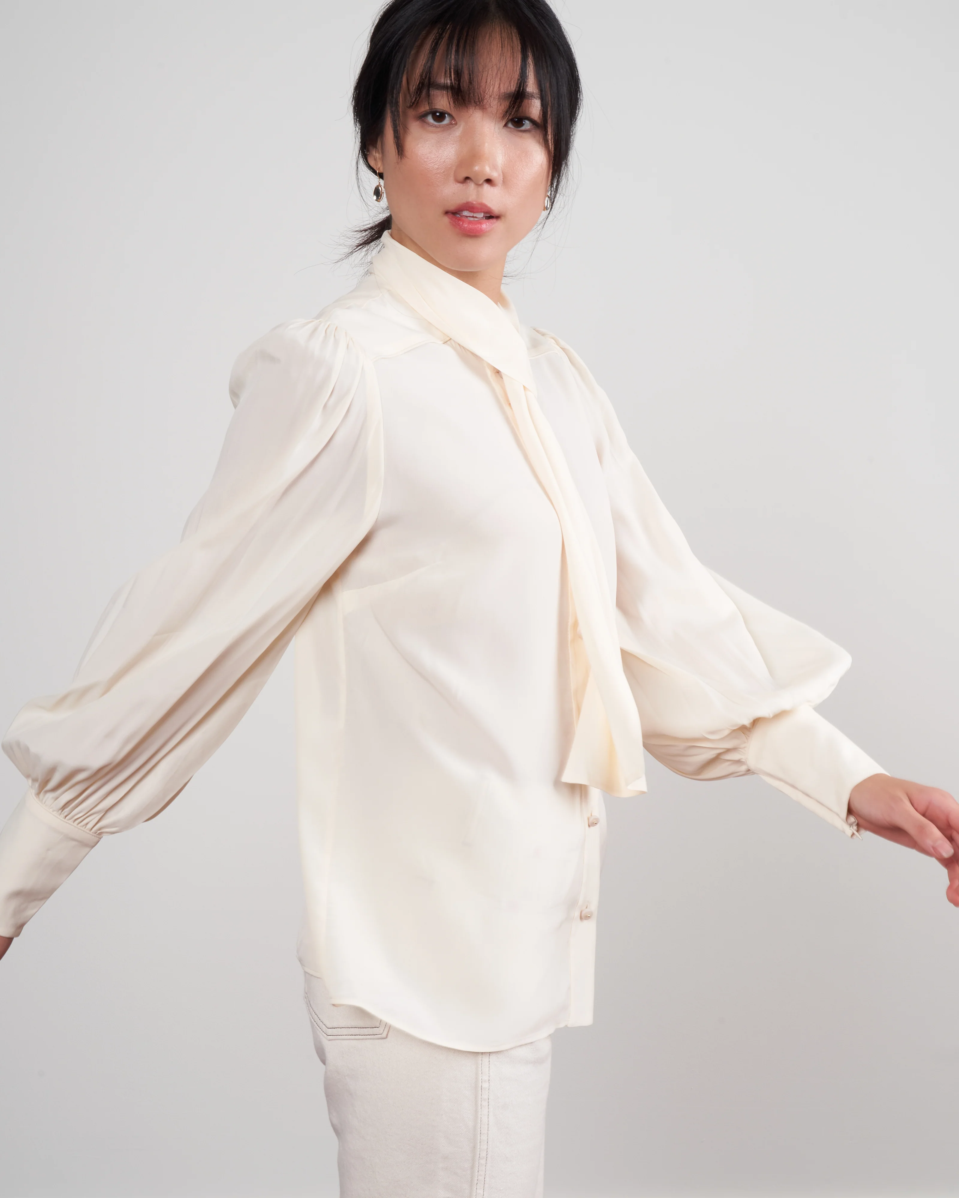 tie neck blouse - cream - Image 3